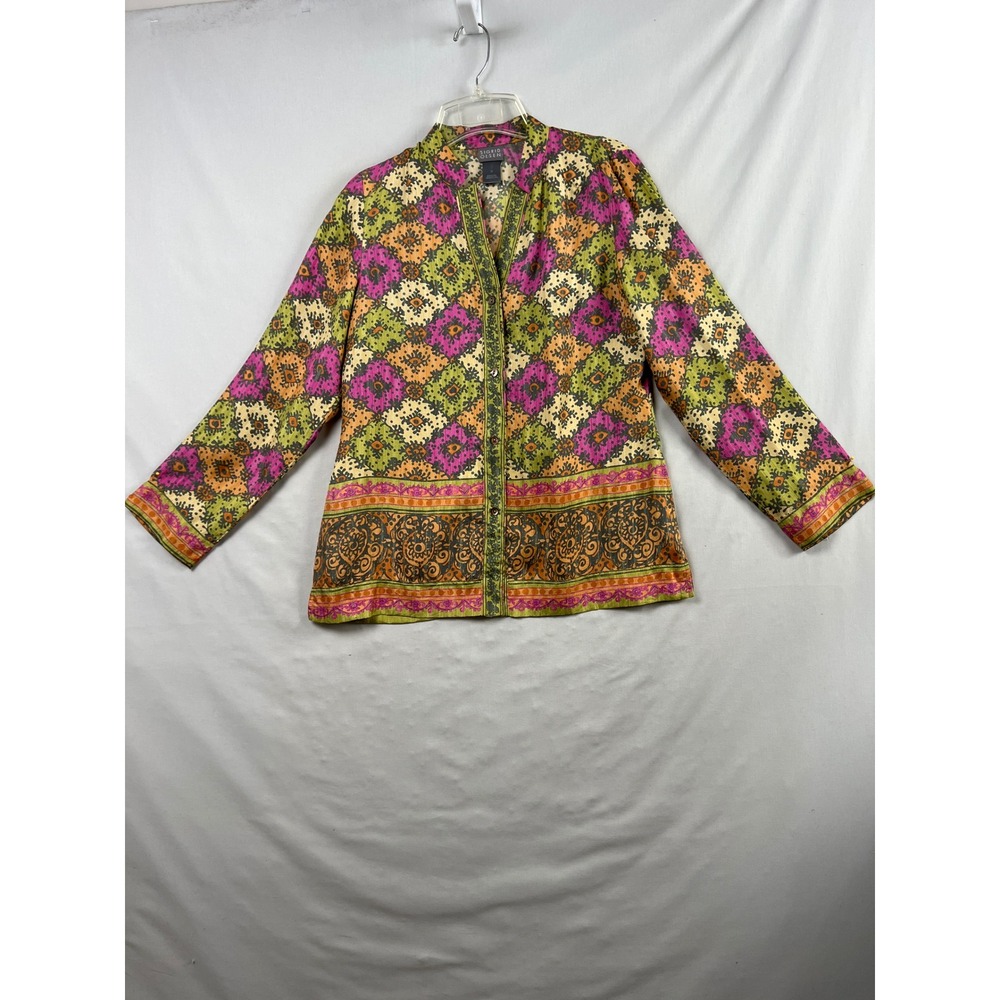 Sigrid Olsen Silk Blouse Womens M Multicolor Geometric Resort Button Up Top